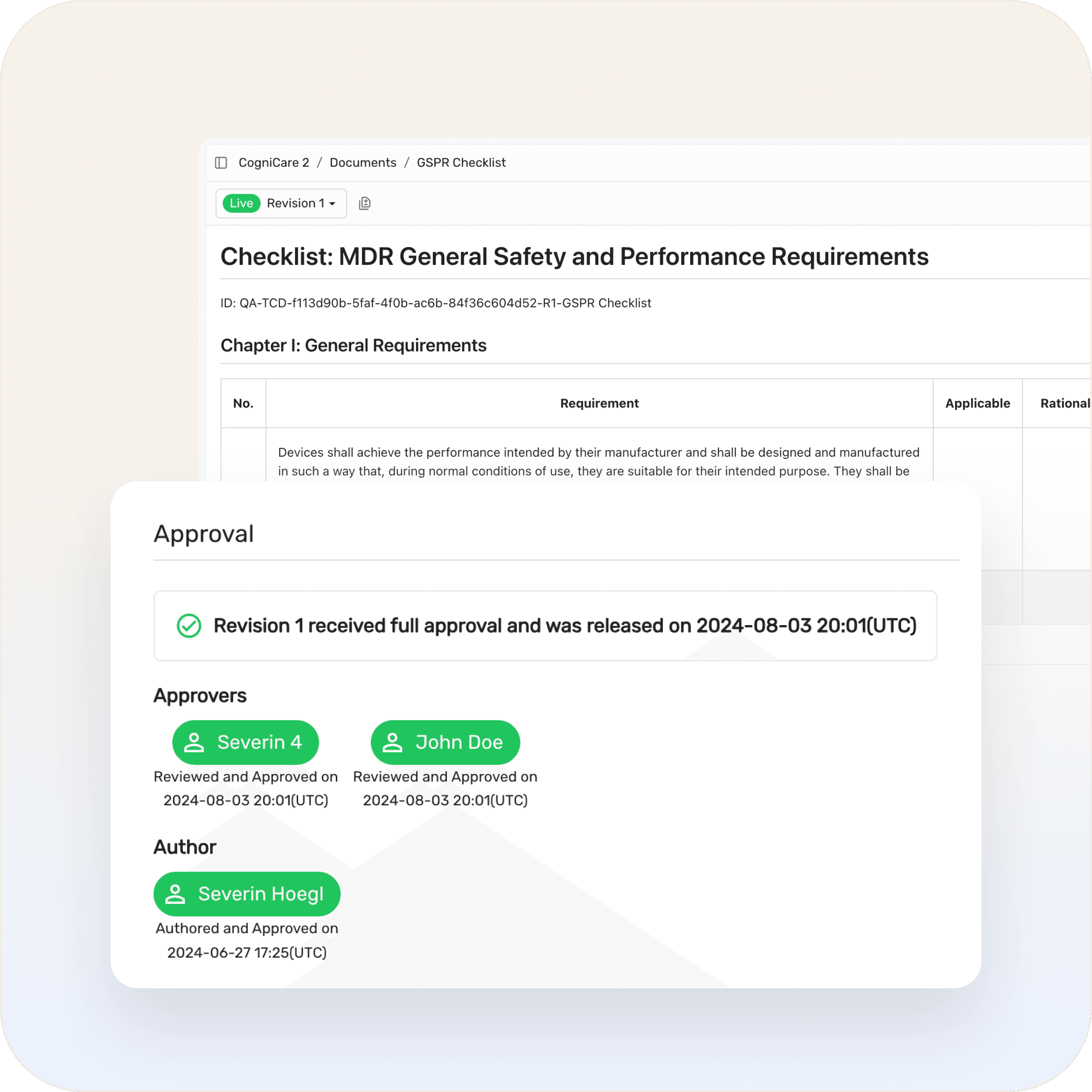 Formly eQMS showing a live GSPR checklist and released approval record.